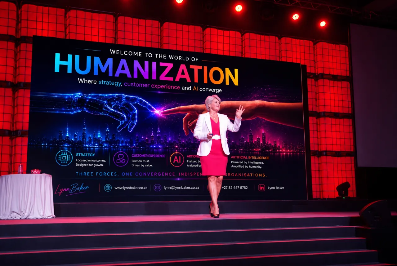 Keynote speaker Lynn Baker on stage delivering the Humanization keynote in front of a wide LED backdrop.