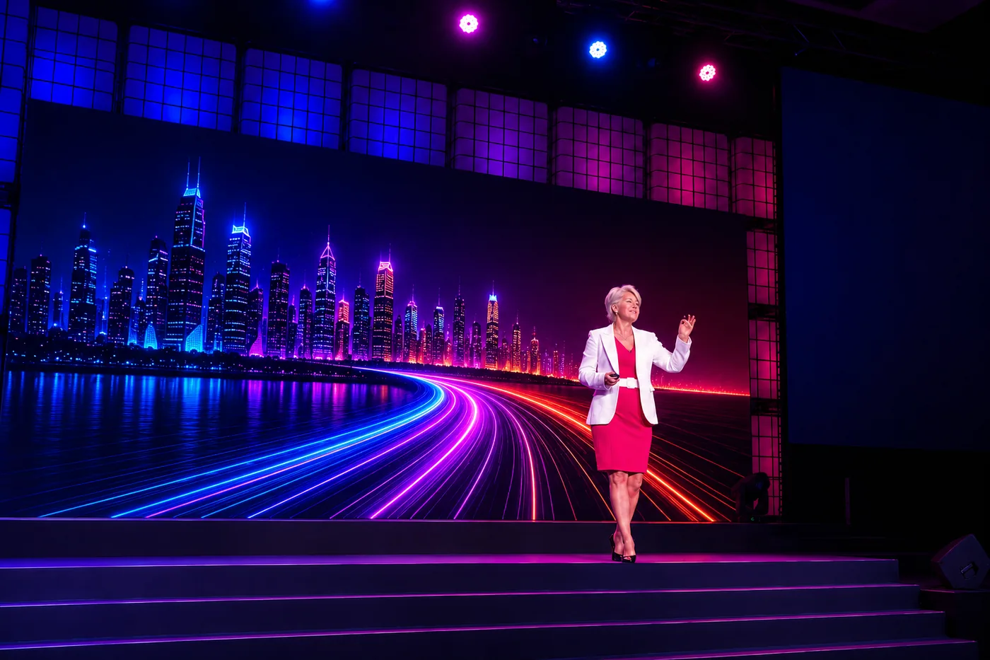 Lynn Baker addressing a live audience from the keynote stage.